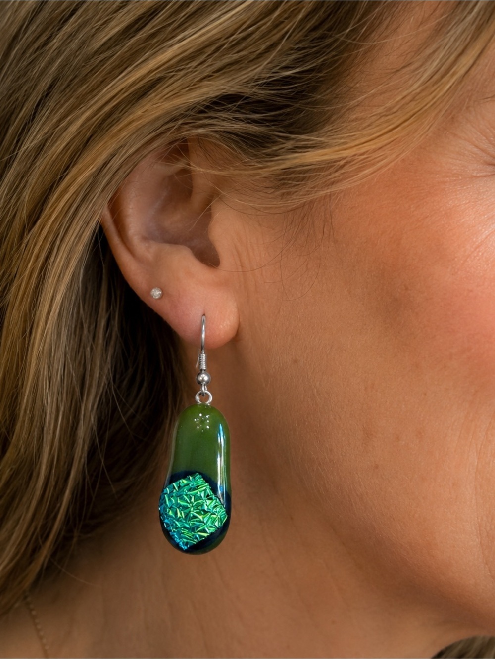 Handmade Fused Glass Elegant Green  Dangle Earrings